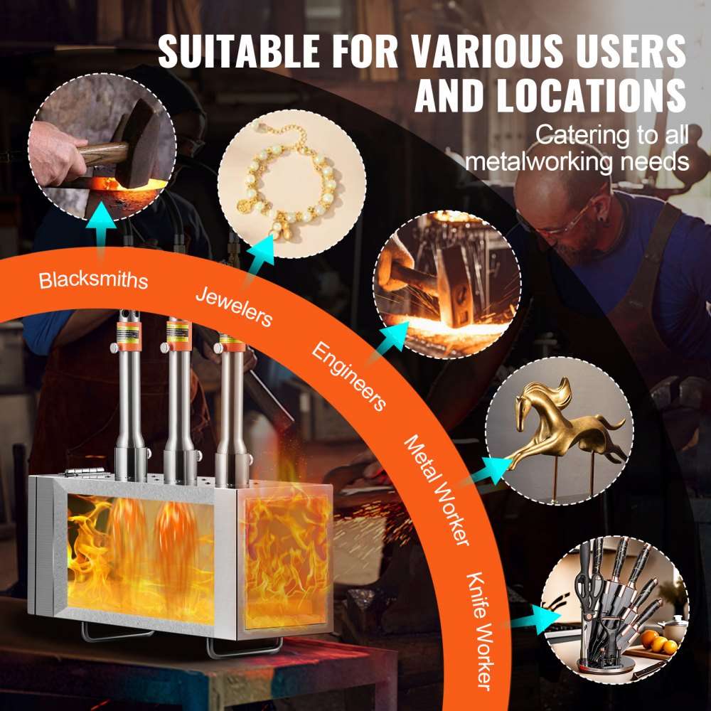 Bostome 3 Burner Propane Forge with stainless steel body and three burners for metalworking.