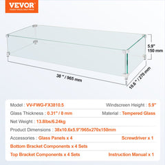 Fire Pit Wind Guard, 38 x 10.5 x 6 Inch Glass Wind Guard, Rectangular Glass Shield, 0.3" Thick Fire Table, Clear Tempered Glass Flame Guard, Steady Feet Tree Pit Guard for Propane, Gas, Outdoor