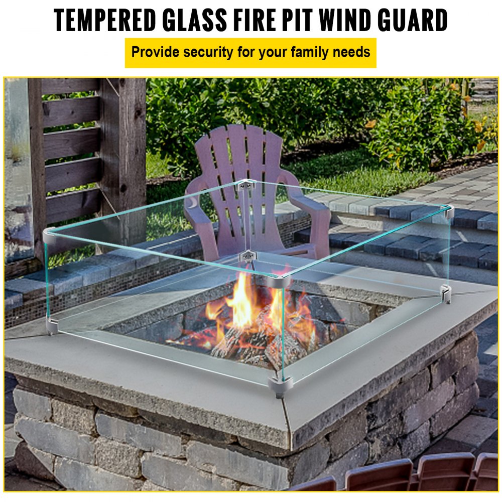 Clear 14x14x6 inch tempered glass wind guard enclosing a square fire pit with flames.