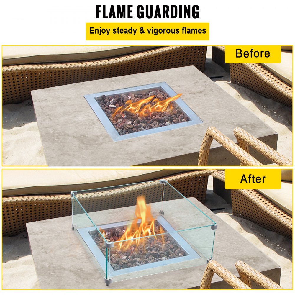 Clear tempered glass wind guard for 14x14 inch fire pit, showing before and after flame stability.