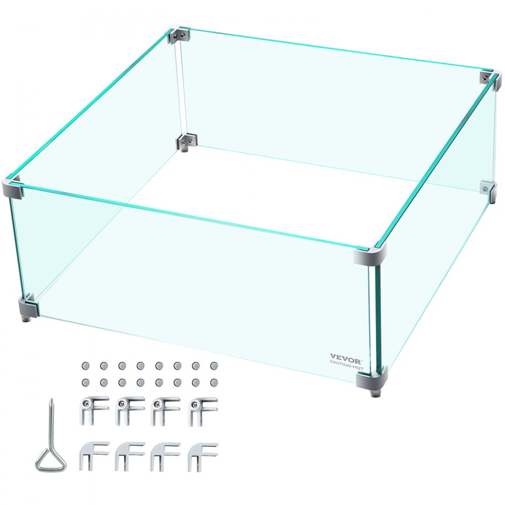 Clear tempered glass wind guard for 14x14 inch fire pit, 6 inches high with aluminum brackets.