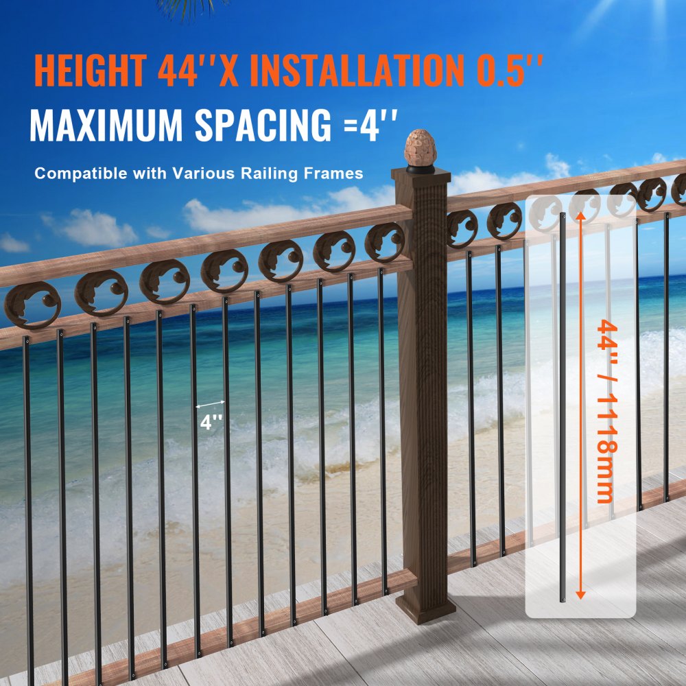 Matte black 44" square aluminum stair balusters arranged in an 11-pack for installation.