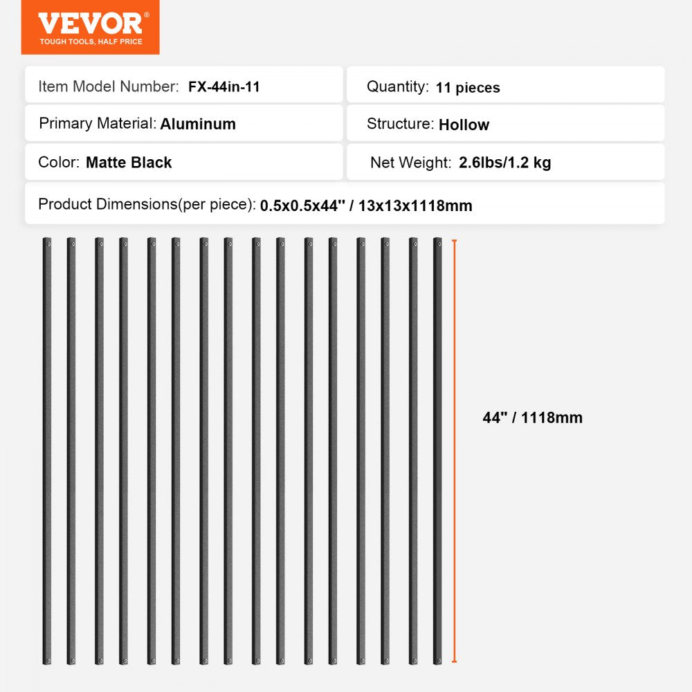 Matte black aluminum stair balusters, 44 inches tall, in an 11-pack for stylish support.
