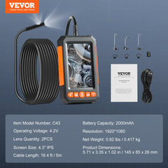 Endoscope Camera with Lights Dual Lens Borescope 16.4FT Cable 4.3" Screen