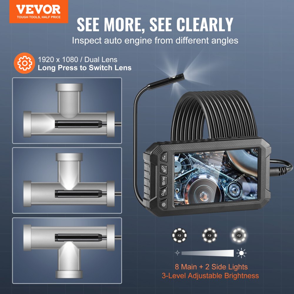 Endoscope Camera with Lights Triple Lens Borescope 16.4FT Cable 5" Screen