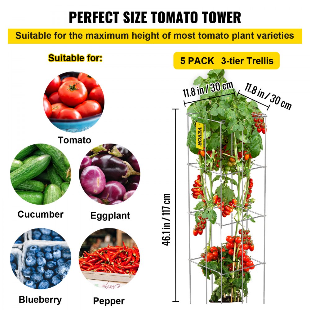 Tomato Cages, 11.8" x 11.8" x 46.1", 5 Packs Square Plant Support Cages, Silver PVC-Coated Steel Tomato Towers for Climbing Vegetables, Plants, Flowers, Fruits