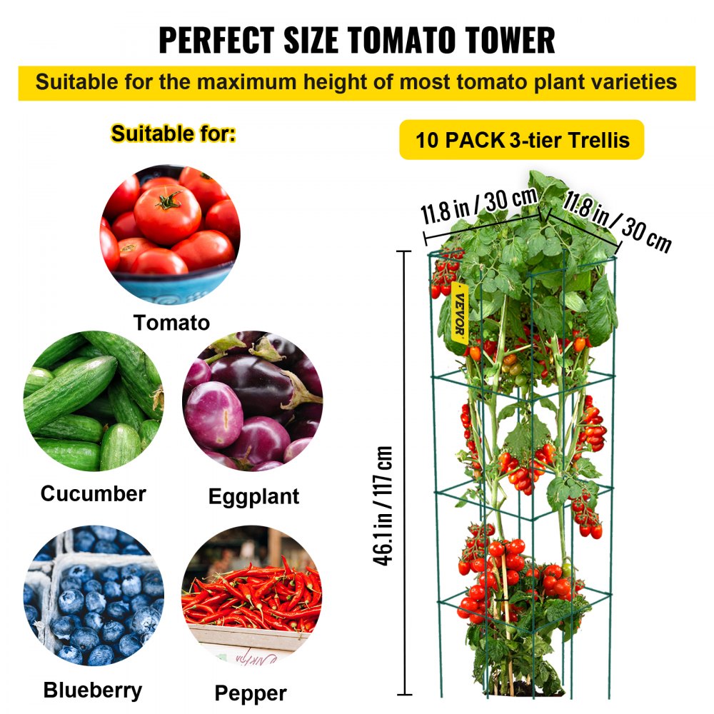 Tomato Cages, 11.8" x 11.8" x 46.1", 10 Packs Square Plant Support Cages, Green PVC-Coated Steel Tomato Towers for Climbing Vegetables, Plants, Flowers, Fruits