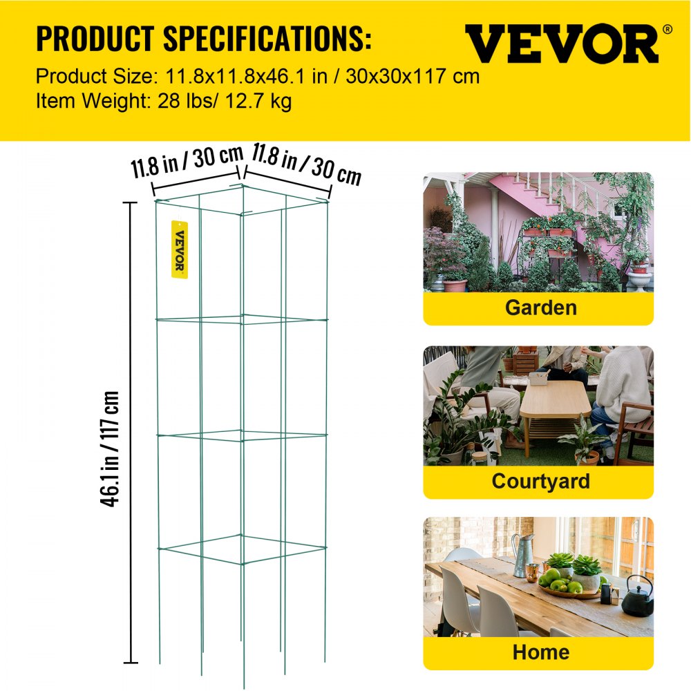 Tomato Cages, 11.8" x 11.8" x 46.1", 10 Packs Square Plant Support Cages, Green PVC-Coated Steel Tomato Towers for Climbing Vegetables, Plants, Flowers, Fruits
