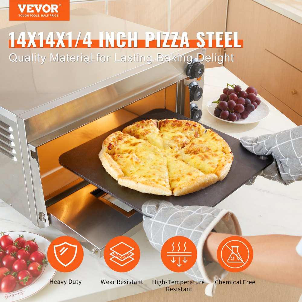 14-inch pre-seasoned carbon steel pizza steel with a smooth, rust-free surface.