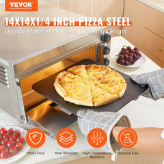 14-inch pre-seasoned carbon steel pizza steel with a smooth, rust-free surface.