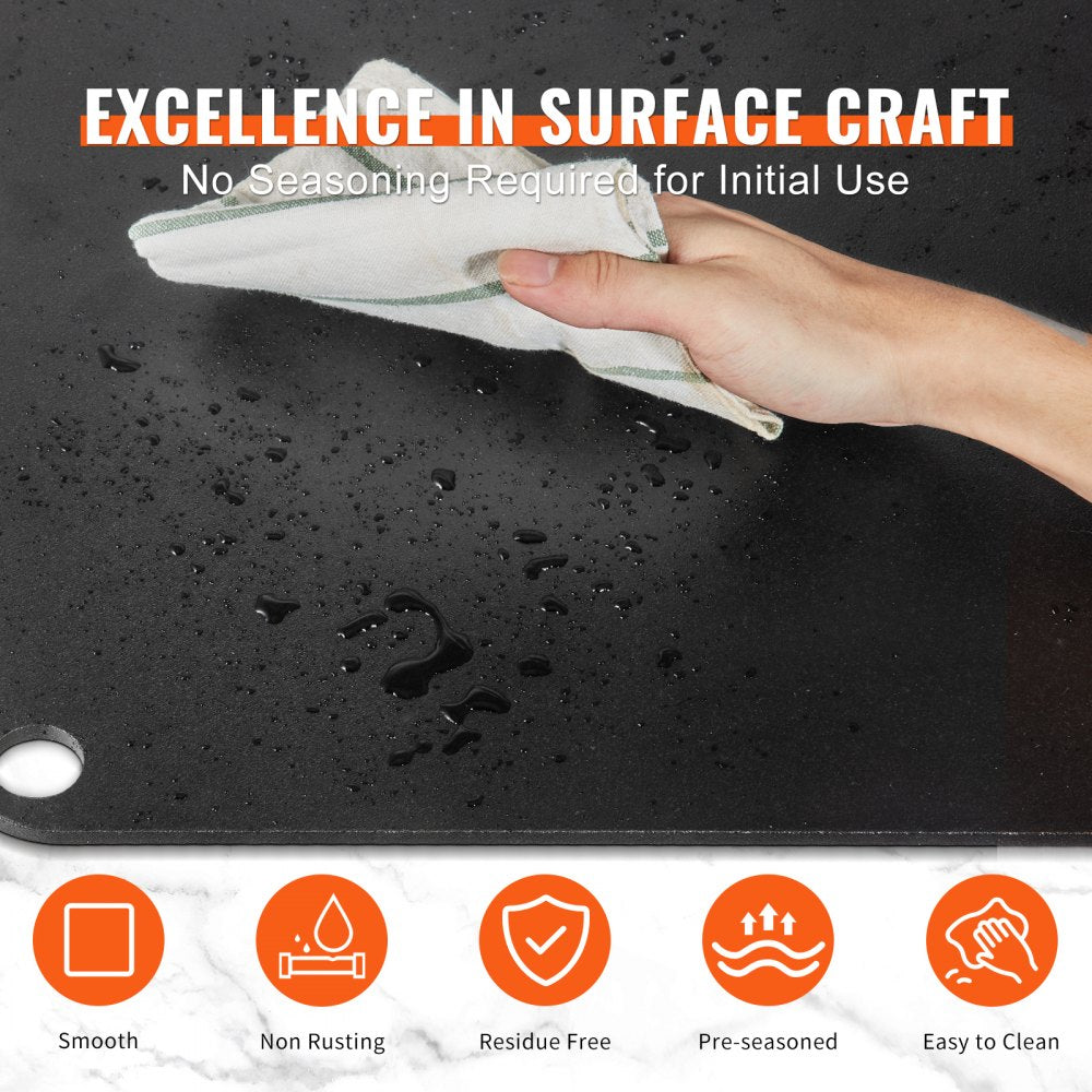 14-inch pre-seasoned carbon steel pizza steel with a smooth, rust-free surface.