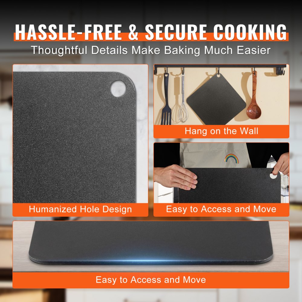 14-inch pre-seasoned carbon steel pizza steel with smooth surface and thumb hole for easy handling.