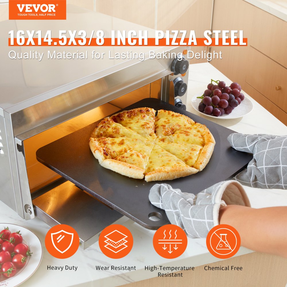 Pre-seasoned carbon steel pizza baking stone with handles and a baked cheese pizza on top.