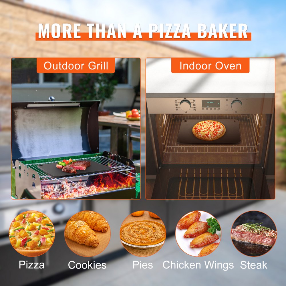 Pre-seasoned carbon steel pizza baking stone shown in use for outdoor grilling and indoor oven baking of pizza, cookies, pies, wings, and steak.
