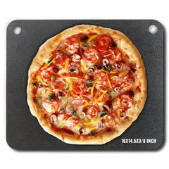 Round pizza baking stone with pre-seasoned carbon steel surface on black tray