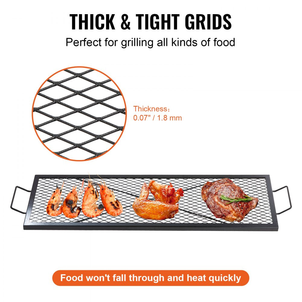X-Marks Fire Pit Grill Grate, Rectangle Cooking Grate, Heavy Duty Steel Campfire BBQ Grill Grid with Handle & Support X Wire, Portable Camping Cookware for Outside Party Gathering, 44 Inch Black
