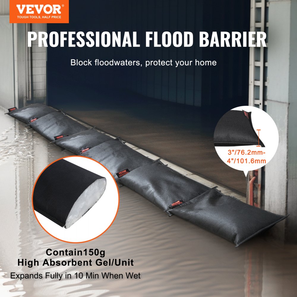 Bostome water activated flood barriers in a 6-pack, each 2ft x 1ft, ready for flood protection.