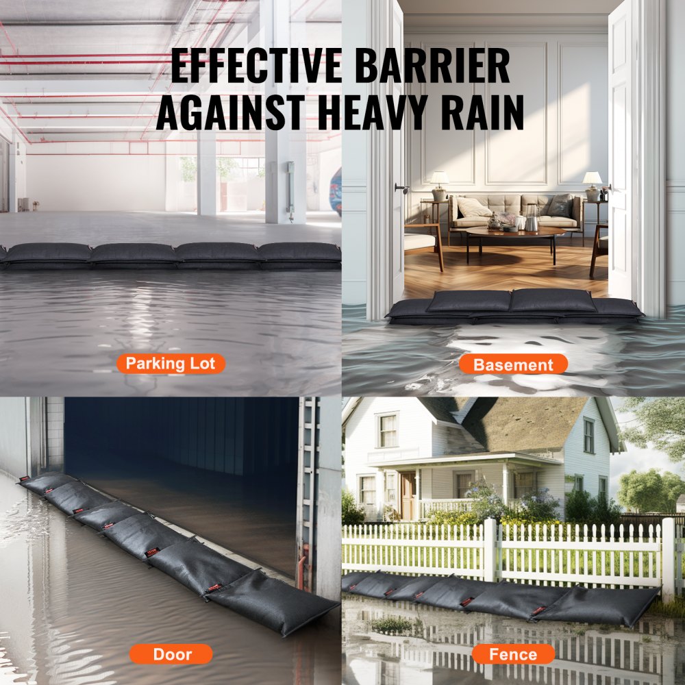 Six water-activated flood barriers, each 2ft x 1ft, designed for home protection.
