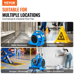 Blue Bostome floor blower air mover with 1360 RPM motor, 600 CFM airflow, 3 speeds, and 4 adjustable angles in various settings.