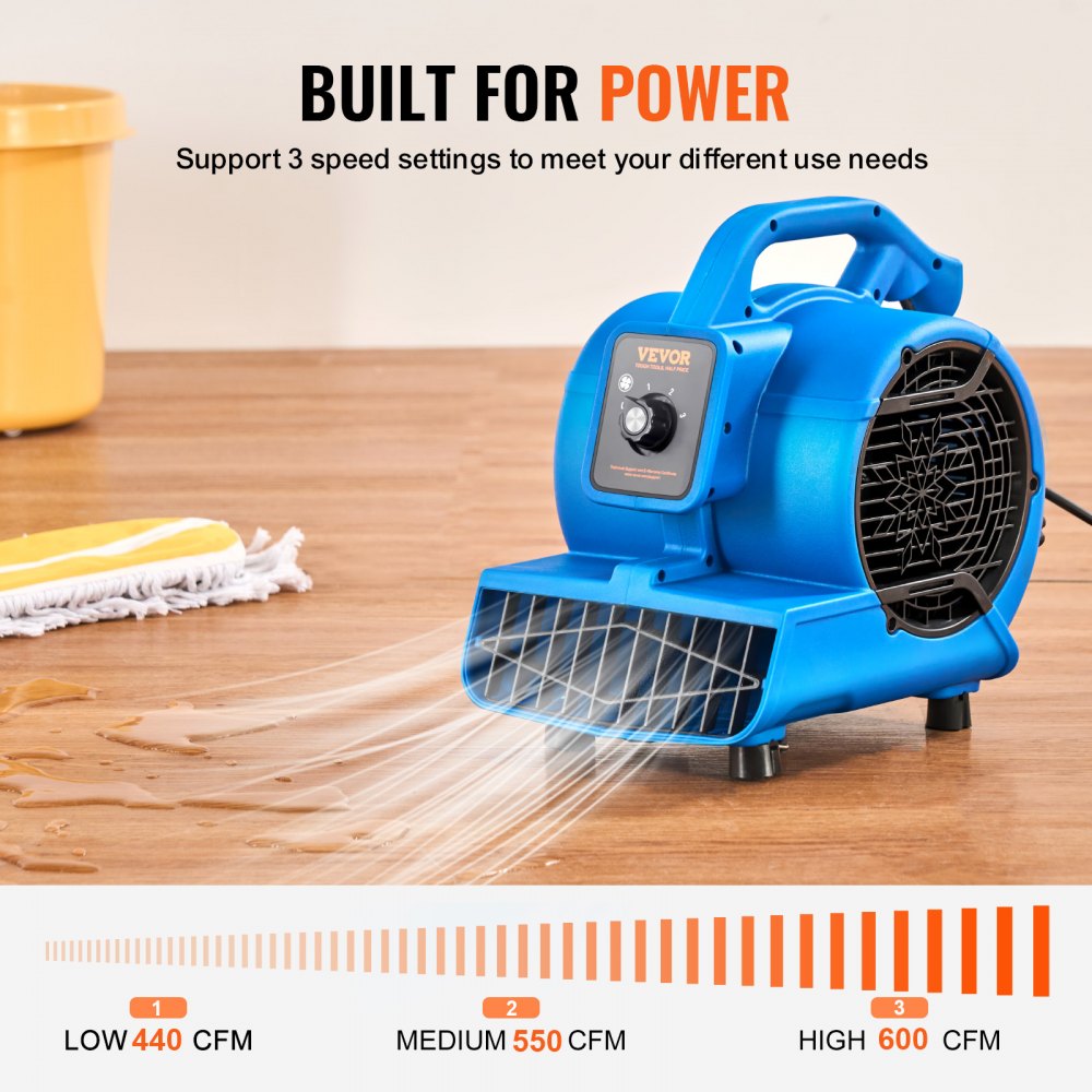 Blue Bostome floor blower air mover with 3 speeds up to 600 CFM and 4 tilt angles on a wet wooden floor.