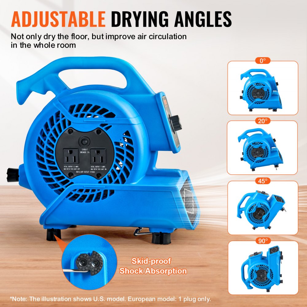 Blue Bostome floor blower with U-shaped design, adjustable angles, three speeds, and power outlets.