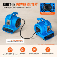 Two blue Bostome floor blower air movers connected for wide-area airflow, with built-in power outlet and 10-foot cord.