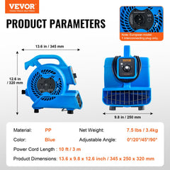 Blue Bostome floor blower with dimensions, 1360 RPM, 600 CFM, 4 angles, and 3 speeds shown.