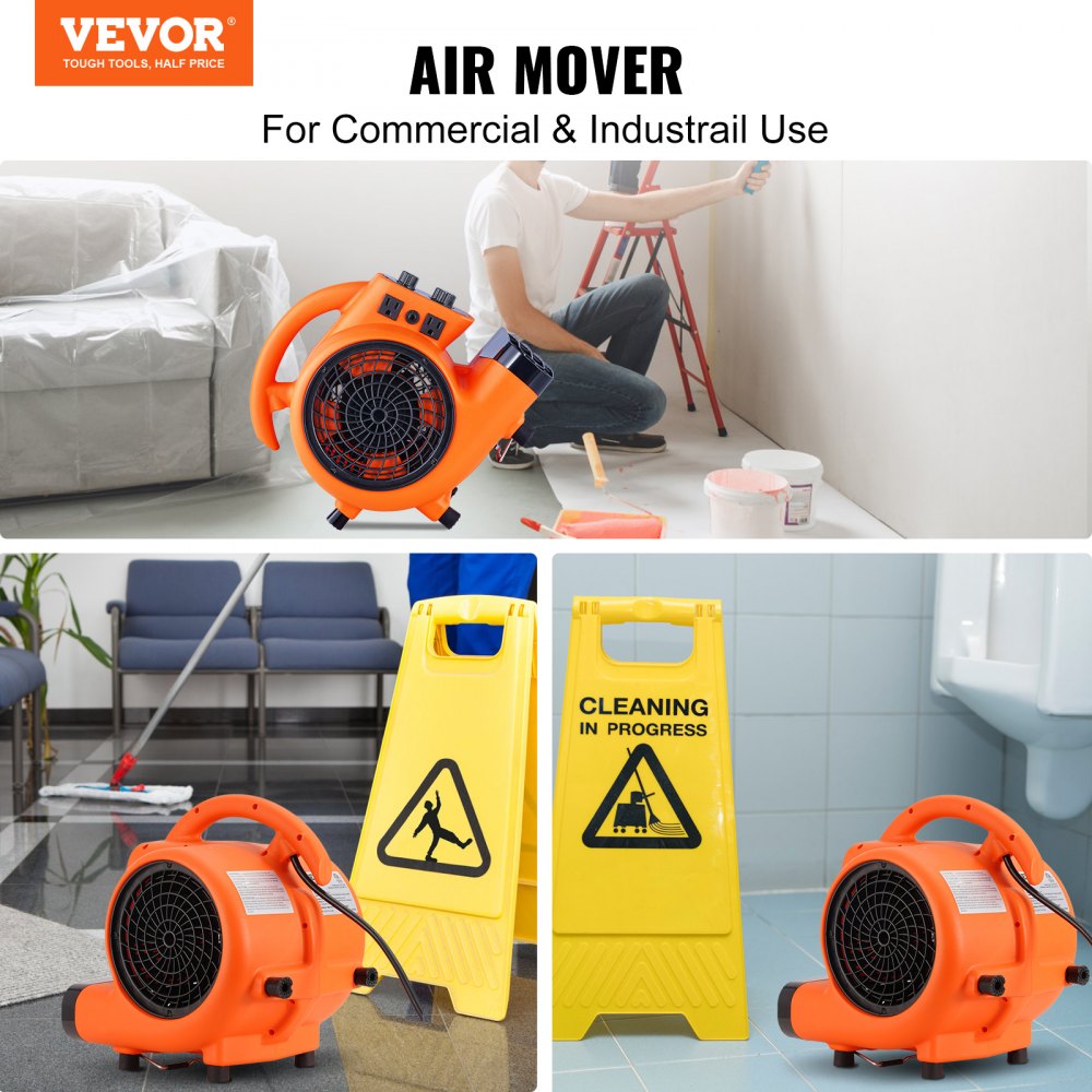 Orange Bostome 1/4 HP portable air mover fan with adjustable angles, shown in use for drying and cleaning.