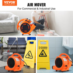 Orange Bostome 1/4 HP portable air mover fan with adjustable angles, shown in use for drying and cleaning.