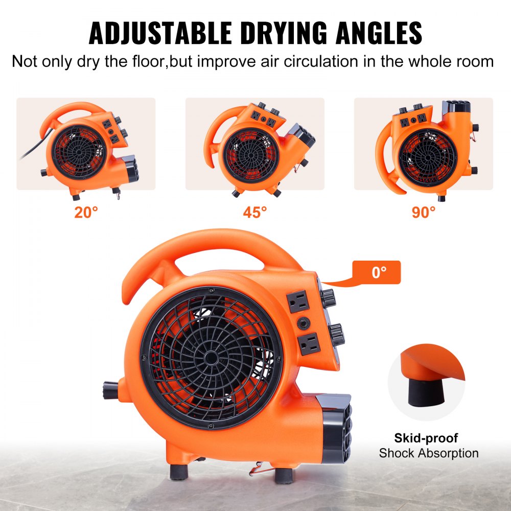 Orange Bostome portable air mover fan with adjustable drying angles of 0, 20, 45, and 90 degrees, shown in multiple positions.
