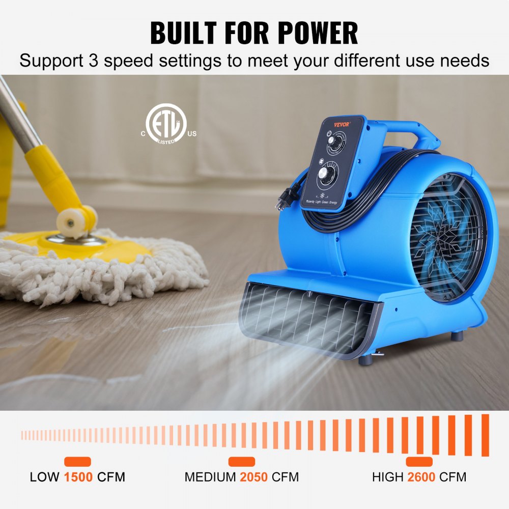 Bostome 1/2 HP Floor Blower with three speeds and adjustable angles for airflow direction.