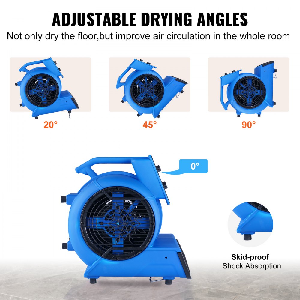 Bostome 1/2 HP Floor Blower with three speeds and adjustable angles for efficient airflow.