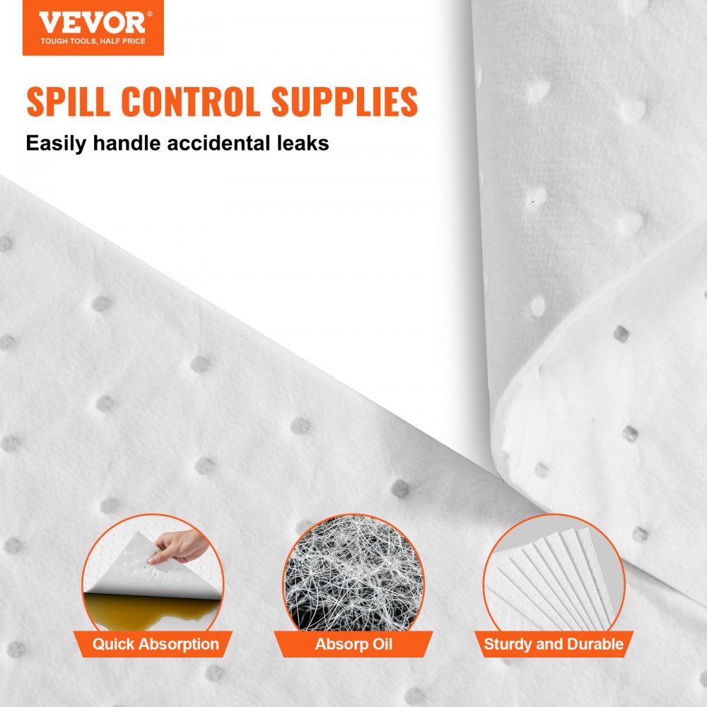 Spill Absorbent Pads, Oil Absorbing Mat Absorbs up 20 Gal, 15" L x20" W Polypropylene Absorbent Pad for Oil Only, Oil Spill Mats Pack of 100
