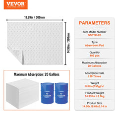 Spill Absorbent Pads, Oil Absorbing Mat Absorbs up 20 Gal, 15" L x20" W Polypropylene Absorbent Pad for Oil Only, Oil Spill Mats Pack of 100