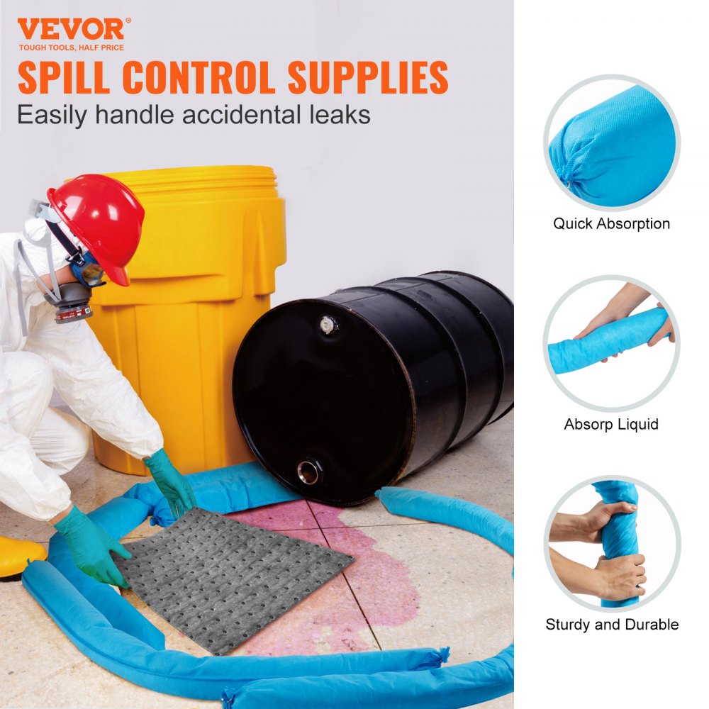 Universal Absorbent Sock, Water Absorbing Snake 20 Gal Capacity, 3" x 47.24" Mildew-Resistant Spill Control Sock, 12 pcs