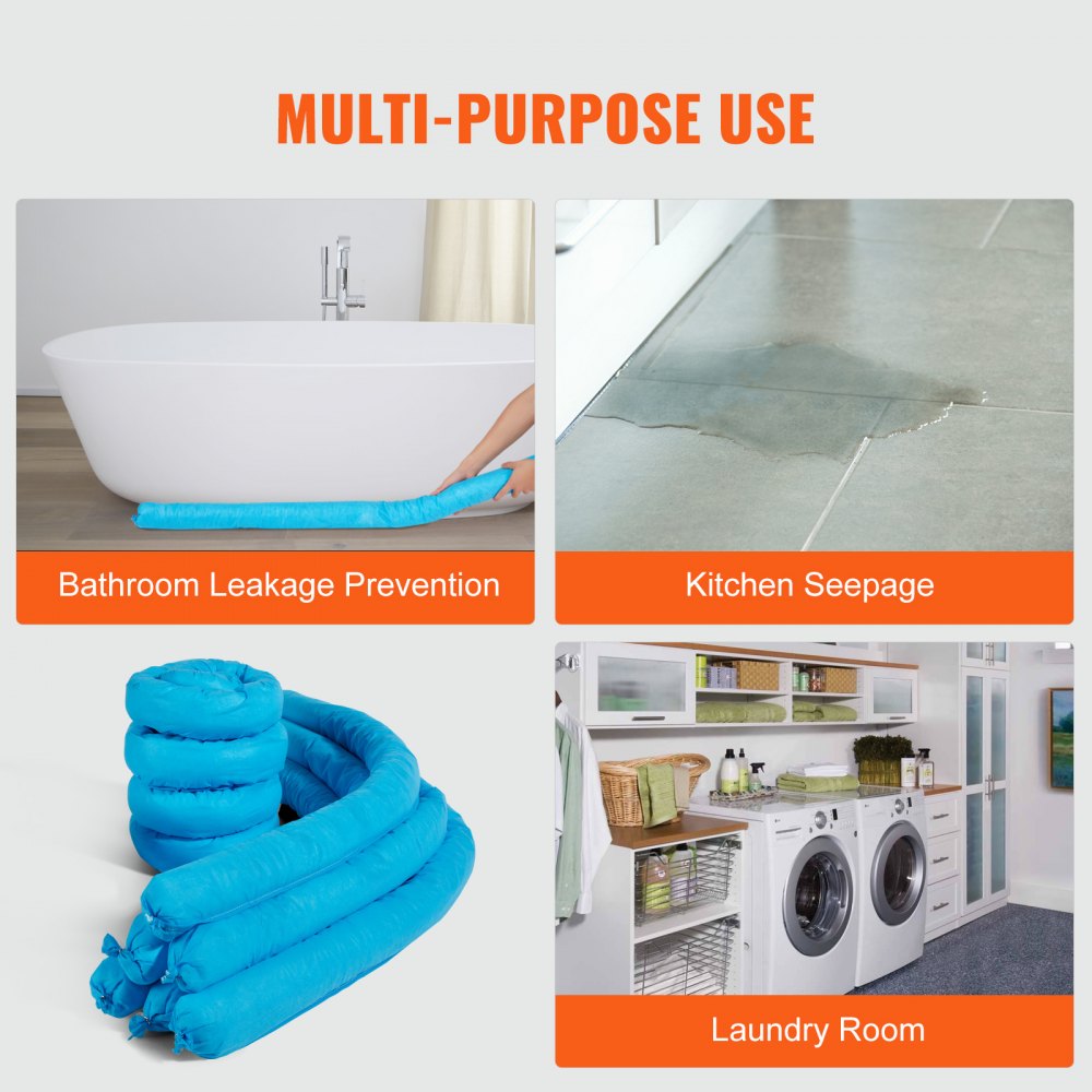 Universal Absorbent Sock, Water Absorbing Snake 20 Gal Capacity, 3" x 47.24" Mildew-Resistant Spill Control Sock, 12 pcs