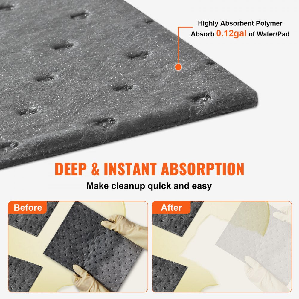 Spill Absorbent Pads, Universal Absorbing Mat Absorbs up 12 Gal, 13" L x10" W Polypropylene Absorbent Pad for Oil, Water and Other Liquids, Pack of 100
