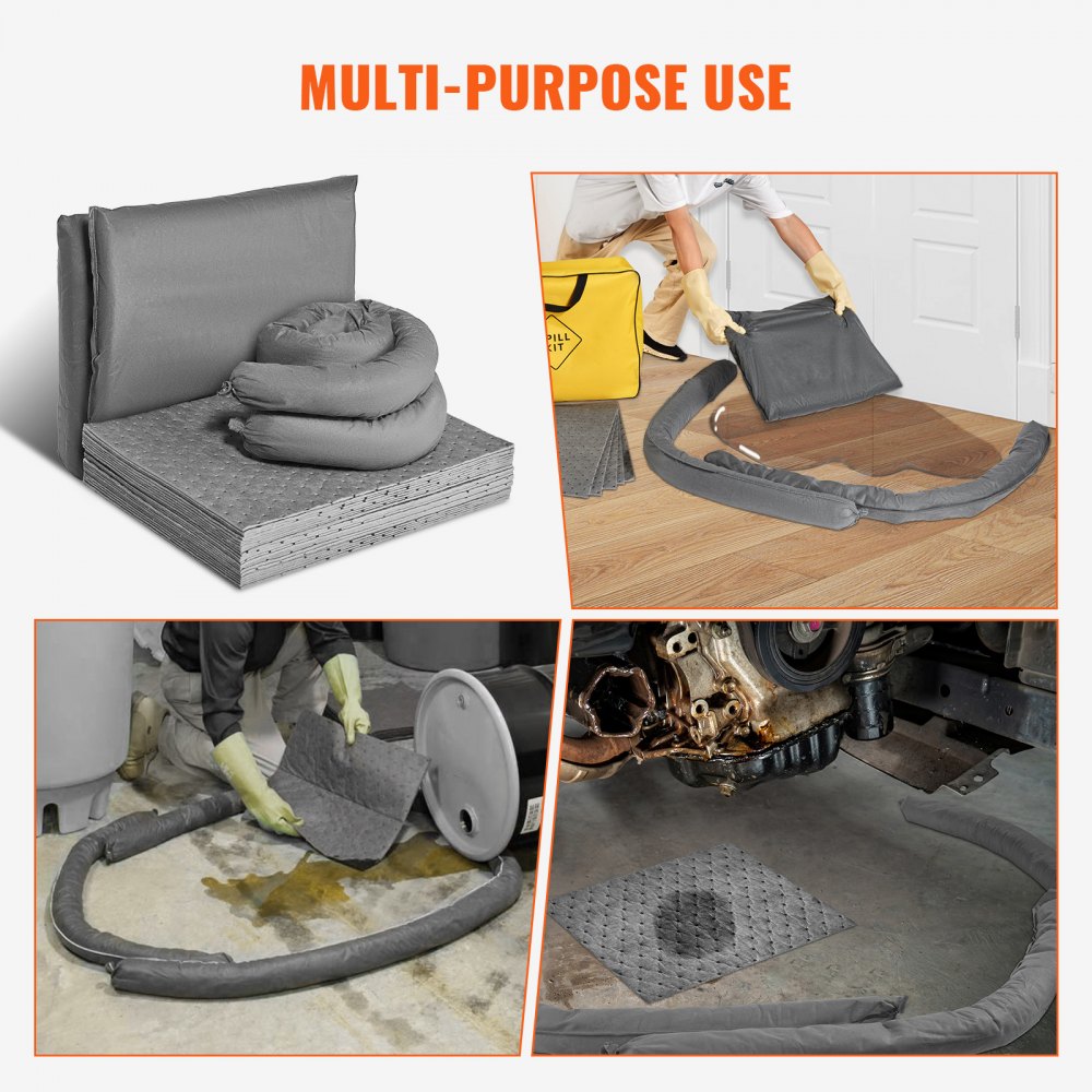 Universal Spill Kit, Spill Control Supplies 43 pcs, Includes 30 Universal Sorbent Pads, 2 Universal Sorbent Socks 3"x4`, 2 Disposal Pillows, Rubber Gloves, and Bag