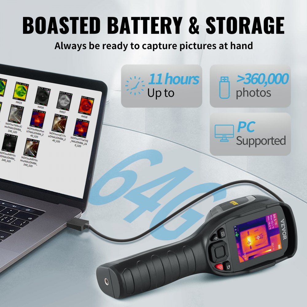 Thermal Imaging Camera, 240x180 IR Resolution with 2MP Visual Camera, 20Hz Refresh Rate Infrared Camera with -4℉~1022℉ Temperature Range, 64G Built-in SD Card and Rechargeable Li-ion Battery