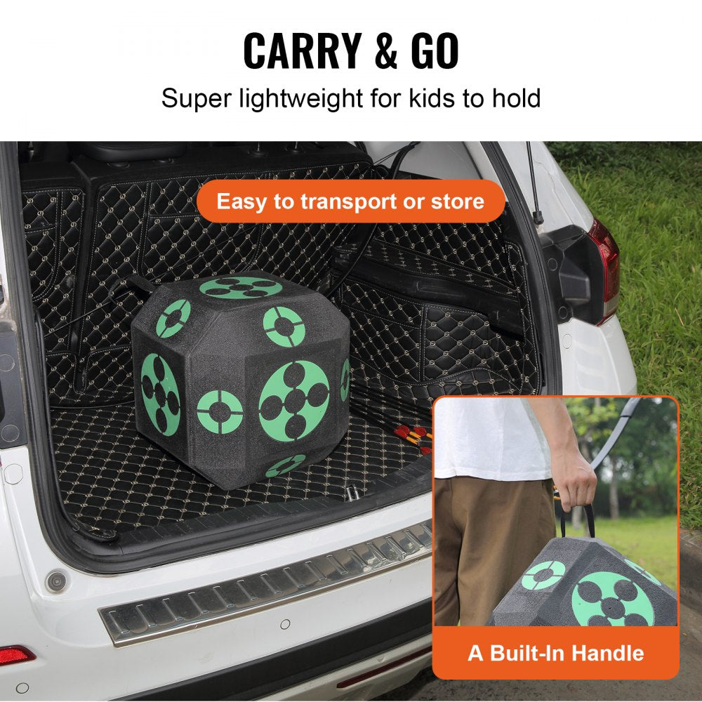Black 15x15-inch portable archery target cube made of self-healing XPE foam with green bullseyes and a carry handle.