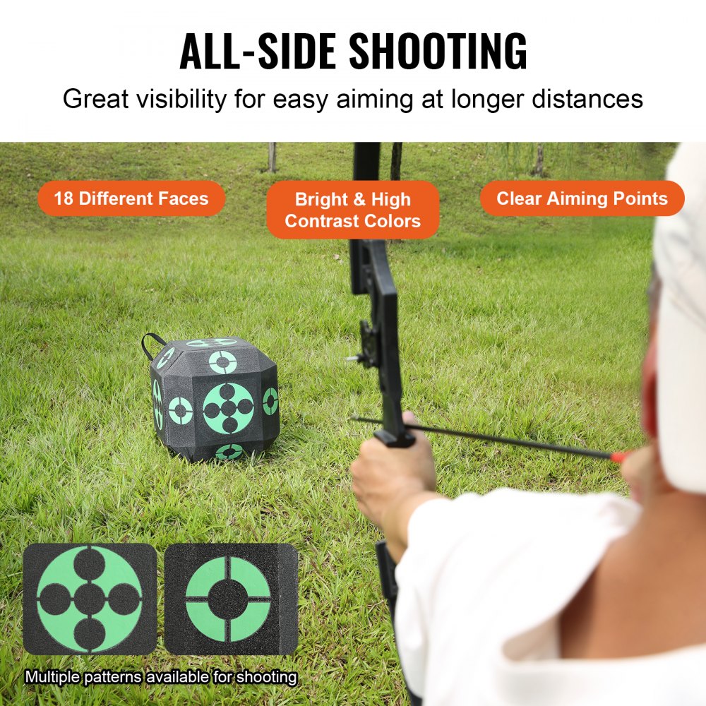 Portable black 15x15-inch cube archery target with self-healing foam and multiple aiming faces.
