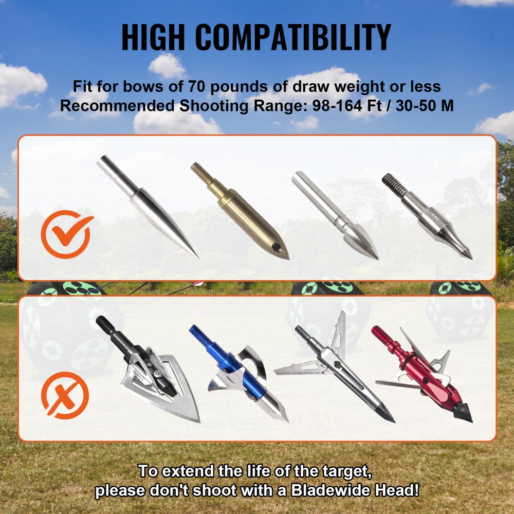 Infographic showing arrow compatibility for 70 lb bows, with broadheads and field points.