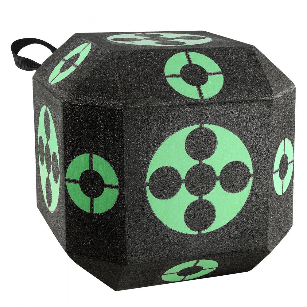 Black 15x15-inch portable archery cube target with self-healing XPE foam and green bullseye faces.