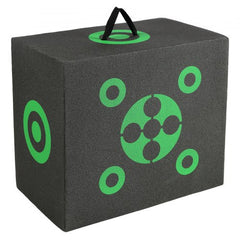 A black 16x18 inch portable archery target made of XPE foam with a handle and green bullseye markings.
