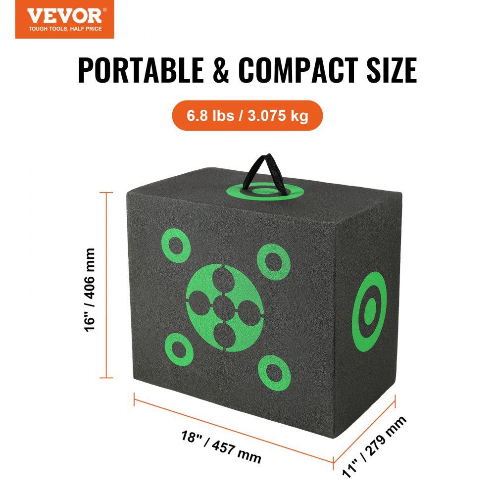 Black 16x18 inch portable archery target made of XPE foam, with green bullseye and handle.