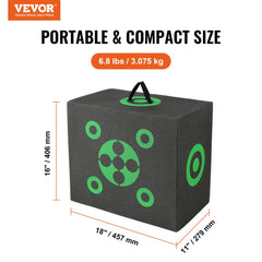 Black 16x18 inch portable archery target made of XPE foam, with green bullseye and handle.