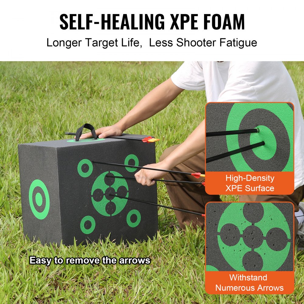 Portable black XPE foam archery target, 16x18 inches, with green bullseyes and carrying handle.