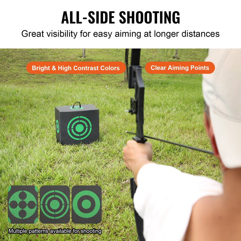 Portable black XPE foam archery target with high-contrast aiming points on all sides.