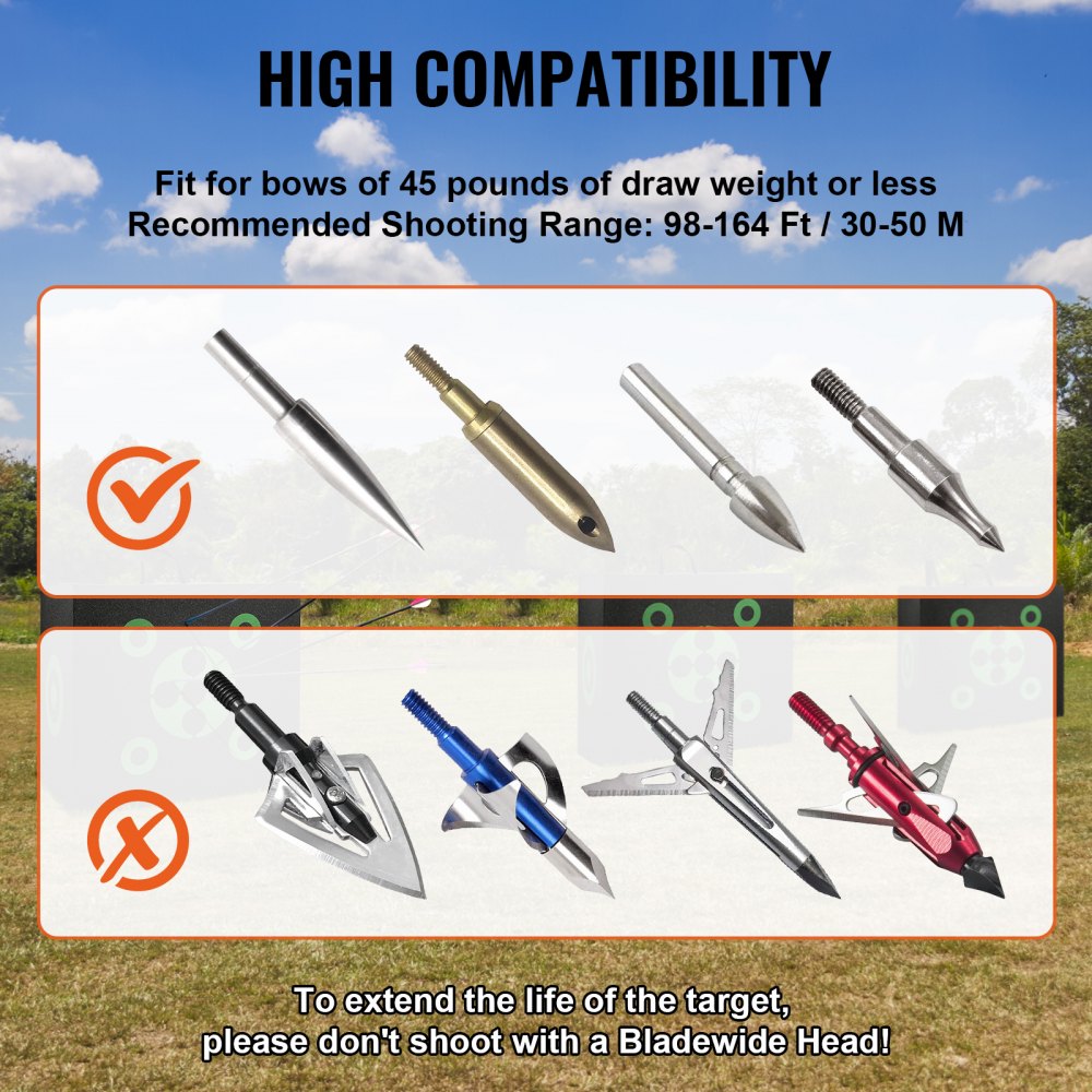 Infographic showing arrow compatibility for bows up to 45 lbs draw weight.