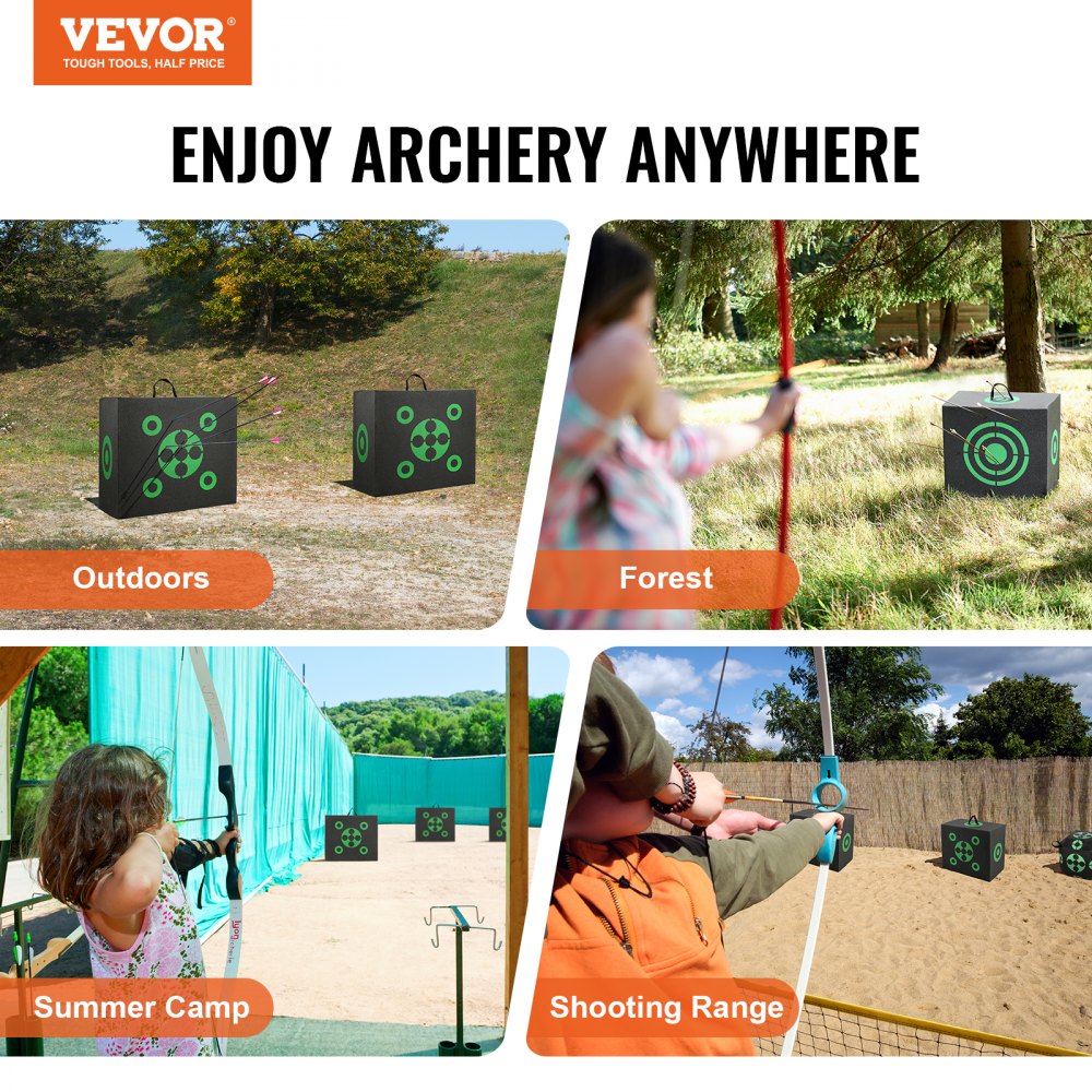 Portable black XPE foam archery target, 16x18 inches, shown in outdoor, forest, camp, and range settings.